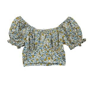 Sim &‎ Sam Floral Crop Top S Yellow Blue Puff Sleeve Cottagecore Cowgirl Y2K